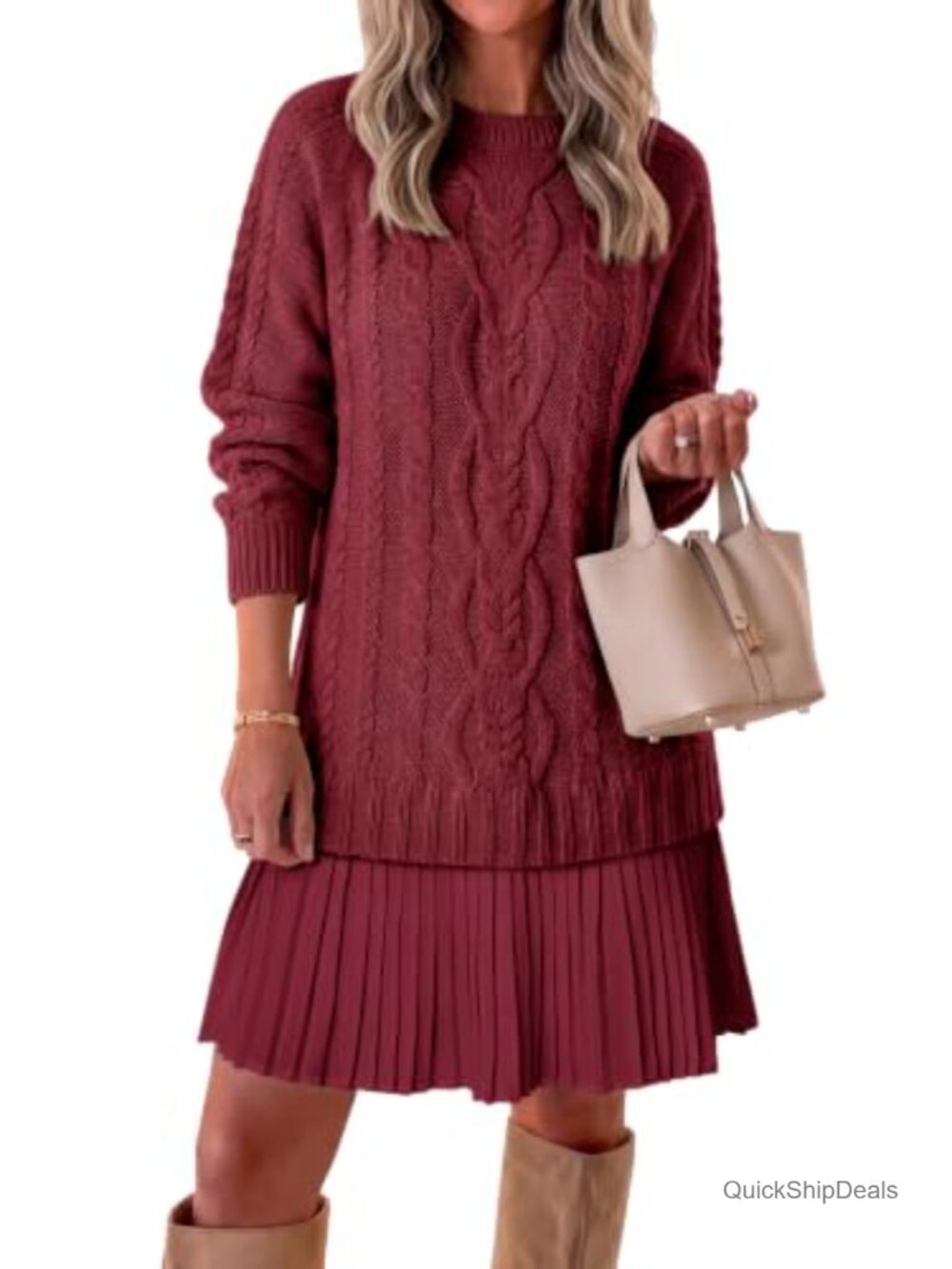 Women's Cable Knit Sweater Dress Pleated Mini Long Sleeve Crewneck Pullover